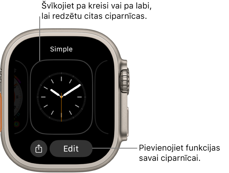 Kad pieskaraties ciparnīcai un turat, tiek parādīta pašreizējā ciparnīca, kuras apakšdaļā ir pogas Share un Edit. Ciparnīcas nosaukums ir ekrāna augšā. Švīkojiet pa kreisi vai pa labi, lai skatītu citas ciparnīcu opcijas. Pieskarieties papildinājumam, lai pievienotu vēlamos parametrus.