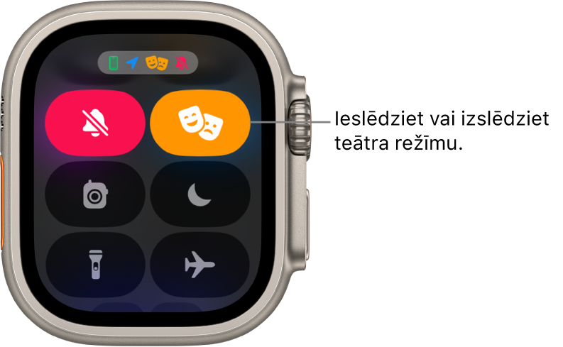 Izvēlne Control Center, kurā ir iezīmēta teātra režīma un klusuma režīma poga, tādējādi norādot, ka ir ieslēgts teātra režīms.