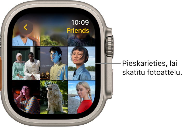 Lietotnes Photos galvenais ekrāns Apple Watch pulkstenī, kurā režģa izkārtojumā izvietoti vairāki fotoattēli.