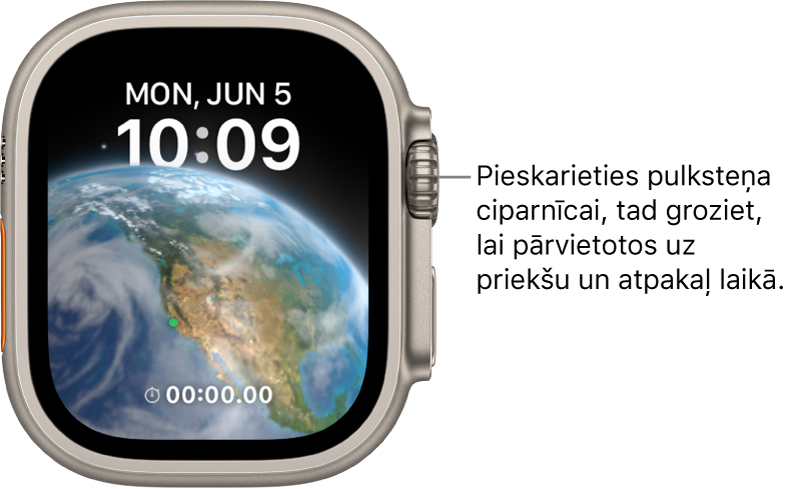Ciparnīca Astronomy, kura norāda nedēļas dienu, datumu un pašreizējo laiku. Papildinājums Timer atrodas apakšā. Pieskarieties ciparnīcai, grieziet Digital Crown, lai pārvietotos laikā atpakaļ vai uz priekšu.
