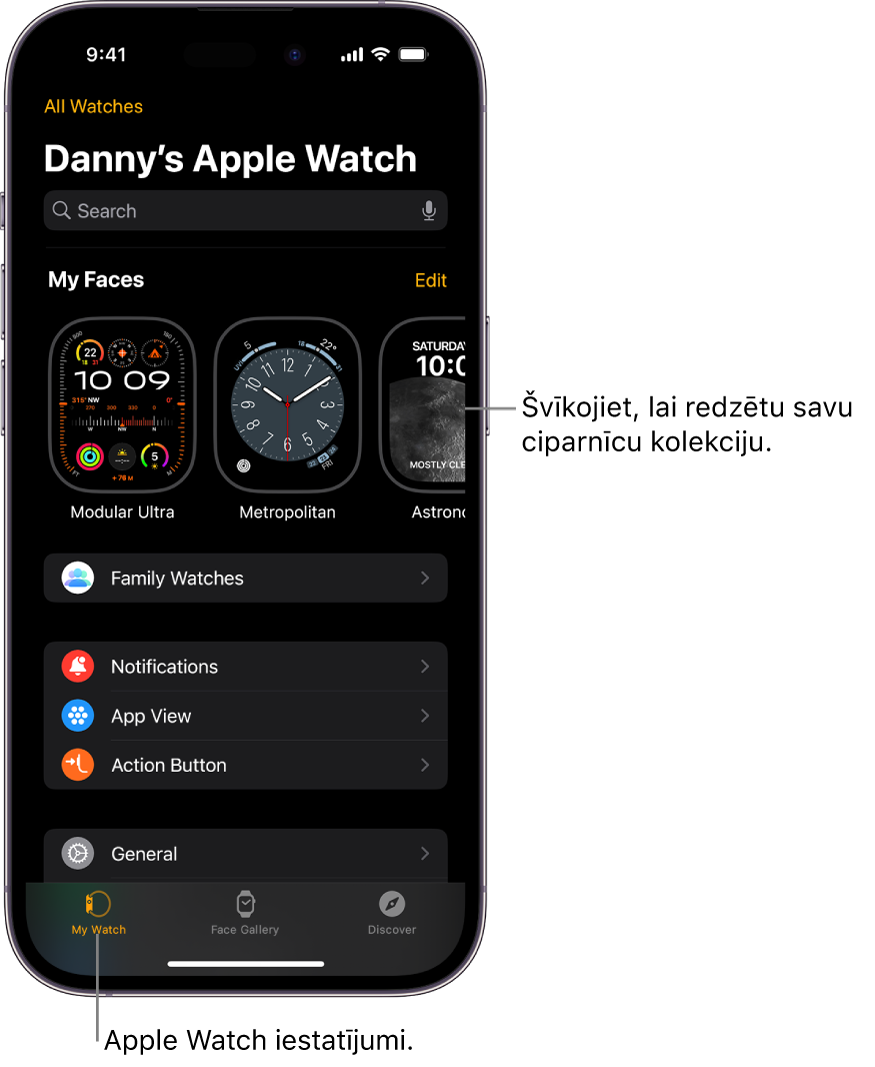 iPhone tālrunī atvērts lietotnes Apple Watch ekrāns My Watch, kura augšdaļā redzamas ciparnīcas, bet zemāk atrodas iestatījumi. Apple Watch lietotnes ekrāna apakšdaļā ir trīs cilnes: cilne pa kreisi ir My Watch, kurā piekļūst Apple Watch iestatījumiem; tālāk atrodas Face Gallery, kur varat skatīt pieejamās ciparnīcas un papildinājumus; un cilne Discover, kurā varat uzzināt vairāk par Apple Watch pulksteni.