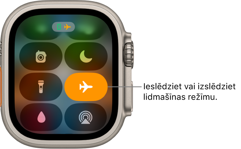 Izvēlne Control Center, kurā ir iezīmēta lidmašīnas režīma poga, tādējādi norādot, ka ir ieslēgts lidmašīnas režīms.