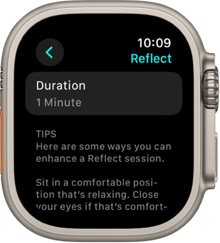 Lietotnes Minduflness ekrāna augšdaļā redzams vienas minūtes ilgums. Zem tā ir padomi, kā uzlabot sesiju Reflect.