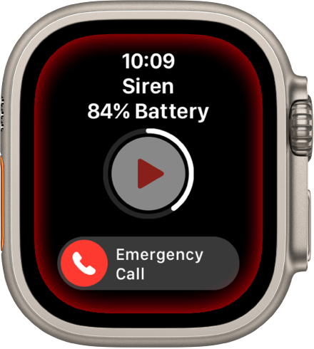 Sirēnas atskaite. Augšpusē ir akumulatora uzlādes līmenis, vidū ir poga Play, un apakšā ir slīdnis Emergency Call.