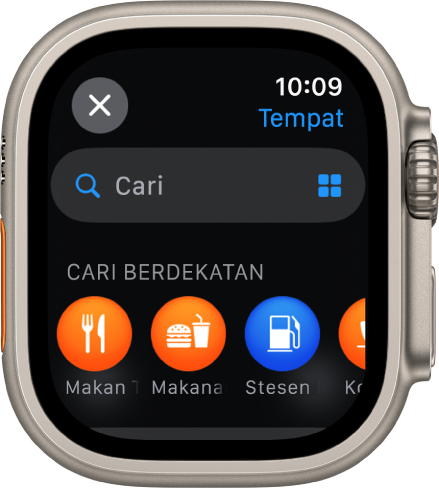 Skrin Cari dalam app Peta, dengan medan Carian berhampiran bahagian atas. Arah Cari Berdekatan kelihatan berhampiran bawah dengan kategori seperti makan tengah hari dan stesen petrol di bawah.