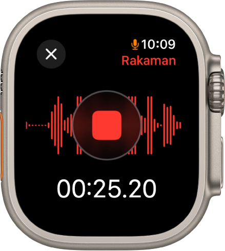App Memo Suara di tengah-tengah rakaman memo. Butang Berhenti berwarna merah berada di bahagian tengah. Di bawah ialah selang masa rakaman. Perkataan Rakaman kelihatan di bahagian kanan atas.
