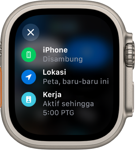 Status Pusat Kawalan menunjukkan iPhone bersambung, Lokasi baru-baru ini digunakan oleh Peta dan fokus Kerja aktif sehingga 5 ptg.