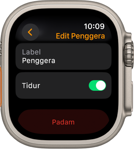 Skrin Edit Penggera, dengan butang Padam di bahagian bawah.