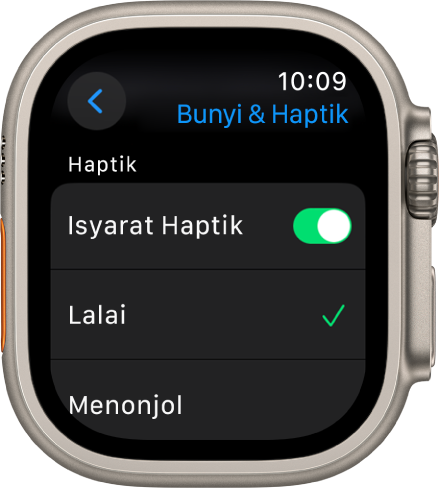 Seting Bunyi & Haptik pada Apple Watch, dengan suis Isyarat Haptik dan pilihan Lalai dan Utama di bawahnya.