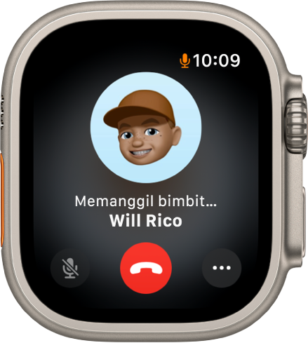 App Telefon menunjukkan panggilan sedang dibuat. Gambar kenalan berada di bahagian tengah, perkataan “Memanggil telefon mudah alih” dan nama kenalan berada di bawah. Di bahagian bawah adalah butang Senyap, Tamatkan Panggilan dan Pilihan Lanjut.