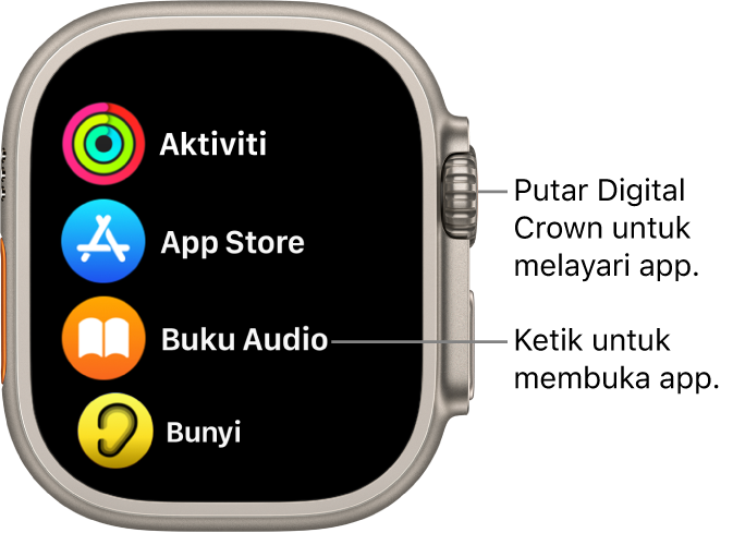 Skrin utama dalam paparan senarai pada Apple Watch, dengan app dalam senarai. Ketik app untuk membukanya. Skrol untuk melihat lebih banyak app.