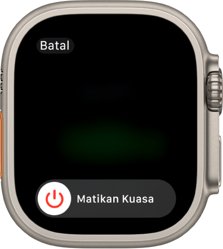 Skrin Apple Watch menunjukkan gelangsar Matikan. Seret gelangsar untuk nyahaktifkan Apple Watch.