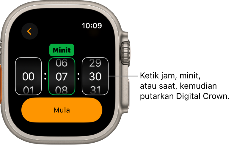 Seting untuk mencipta pemasa tersuai, dengan jam di sebelah kiri, minit di tengah dan saat di sebelah kanan. Butang mula di bahagian bawah.