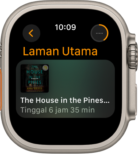 Skrin Laman Utama dalam app Buku Audio. Butang Kini Dimainkan berada di bahagian kanan atas. Buku yang sedang dimainkan ditunjukkan di bahagian tengah, dengan baki masa ditunjukkan di bawah tajuk.
