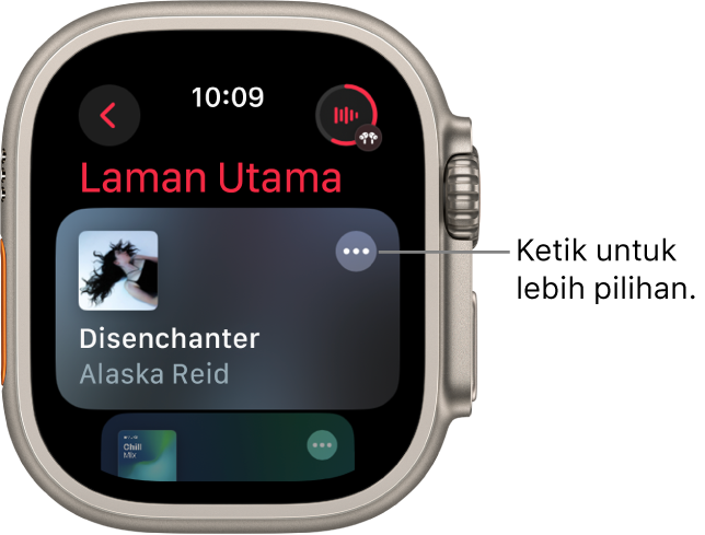 App Muzik menunjukkan skrin Laman Utama dengan satu album ditunjukkan. Butang Pilihan Lanjut berada sebelah kanan. Di bahagian kanan atas ialah butang Kini Dimainkan. Butang Balik berada di bahagian kiri atas.