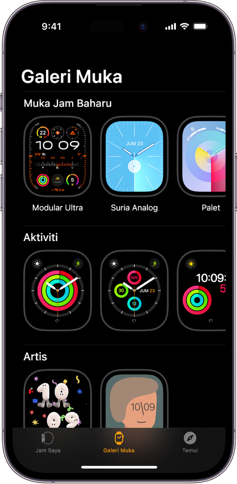 App Apple Watch membuka Galeri Muka. Baris teratas menunjukkan muka baharu, baris seterusnya menunjukkan muka yang dihimpunkan mengikut jenis—contohnya, Aktiviti dan Artis. Anda boleh skrol untuk melihat lebih banyak muka dihimpunkan mengikut jenis.