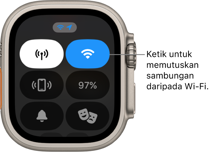 Pusat Kawalan pada Apple Watch Ultra, dengan butang Wi-Fi di bahagian kanan atas. Petak bual menunjukkan “Ketik untuk memutuskan sambungan daripada Wi-Fi.”