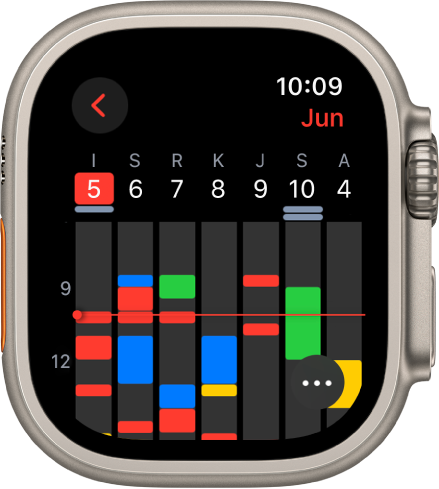 App Kalendar menunjukkan peristiwa untuk minggu. Setiap peristiwa berkod warna, menunjukkan kalendar yang ia tergolong. Nama bulan berada di bahagian kanan atas dan hari serta tarikh tersebar merentas bahagian atas. Peristiwa seharian ditandakan dengan bar di bawah setiap tarikh hari. Garis merentas minggu menunjukkan massa semasa. Butang Lagi berada di bahagian kanan bawah.