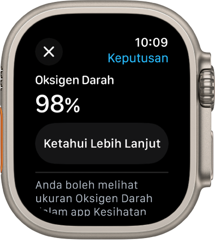 Skrin hasil Oksigen Darah menunjukkan ketepuan oksigen darah sebanyak 98 peratus. Butang Ketahui Lebih Lanjut di bawah.