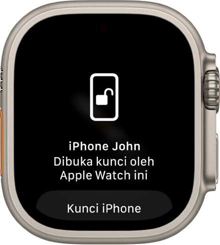 Skrin Apple Watch menunjukkan perkataan, “iPhone John Dibuka Kunci oleh Apple Watch ini”. Butang Kunci iPhone terletak di bawah.