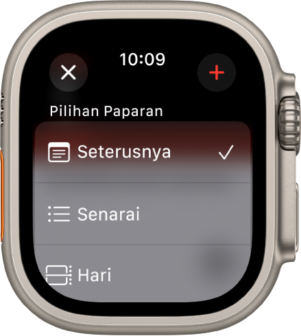Skrin Kalendar menunjukkan butang Peristiwa Baharu di bahagian atas dan tiga pilihan paparan di bawah—Seterusnya, Senarai dan Hari. Butang Tambah berada di bahagian kanan atas.