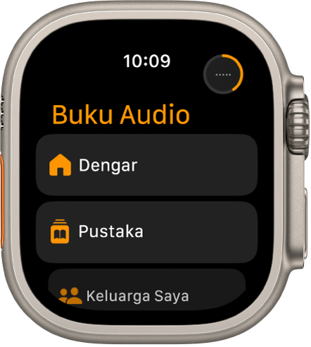 App Buku Audio menunjukkan butang Laman Utama, Pustaka dan Keluarga Saya.