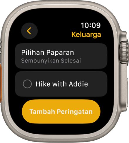 App Peringatan menunjukkan peringatan. Butang Pilihan Paparan berada di bahagian atas, dengan peringatan di bahagian bawah. Di bahagian bawah ialah butang Tambah Peringatan.