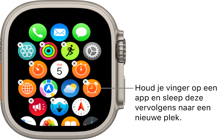 Beginscherm van de Apple Watch in de rasterweergave.