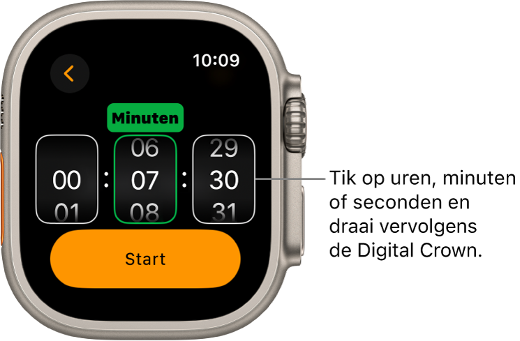 Instellingen voor een aangepaste timer, met links de uren, in het midden de minuten en rechts de seconden. Daaronder staat de startknop.