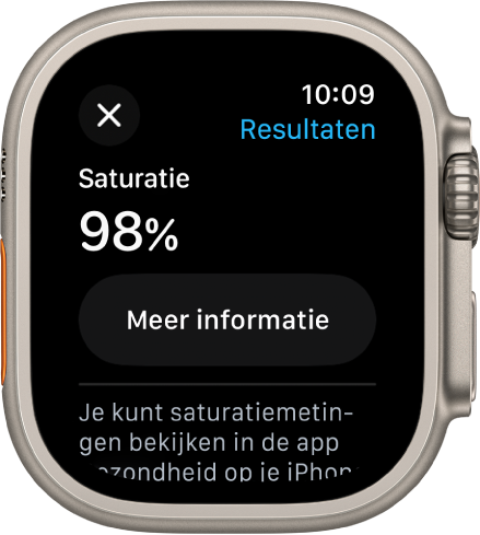 Het scherm met de uitslag van een saturatiemeting, met een saturatiewaarde van 98 procent. Daaronder bevindt zich de knop 'Meer informatie'.