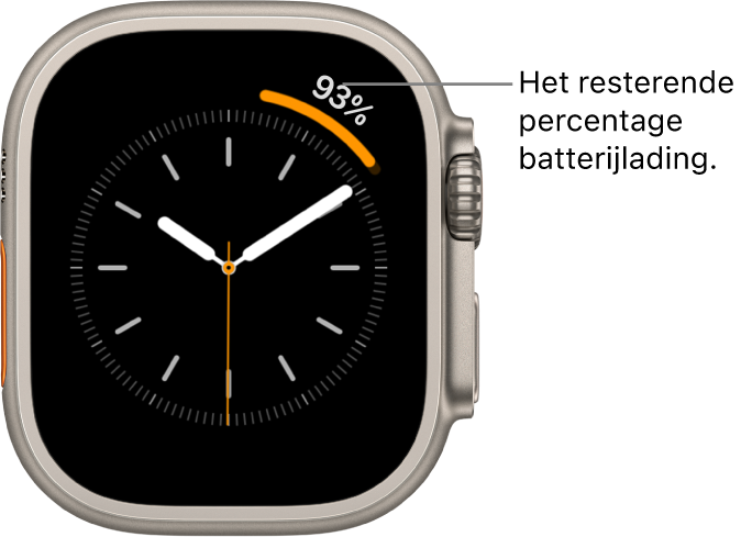 Wijzerplaat met rechtsbovenin de complicatie met het batterijpercentage.