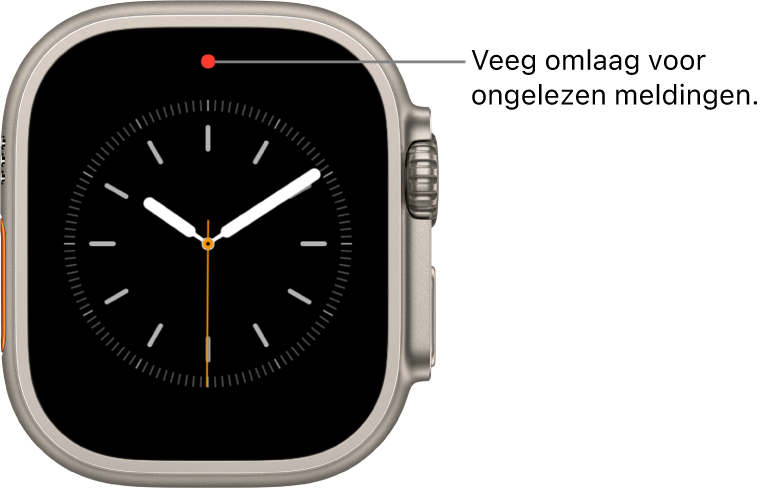 Boven in de wijzerplaat verschijnt in het midden een rode stip als je een ongelezen melding hebt.
