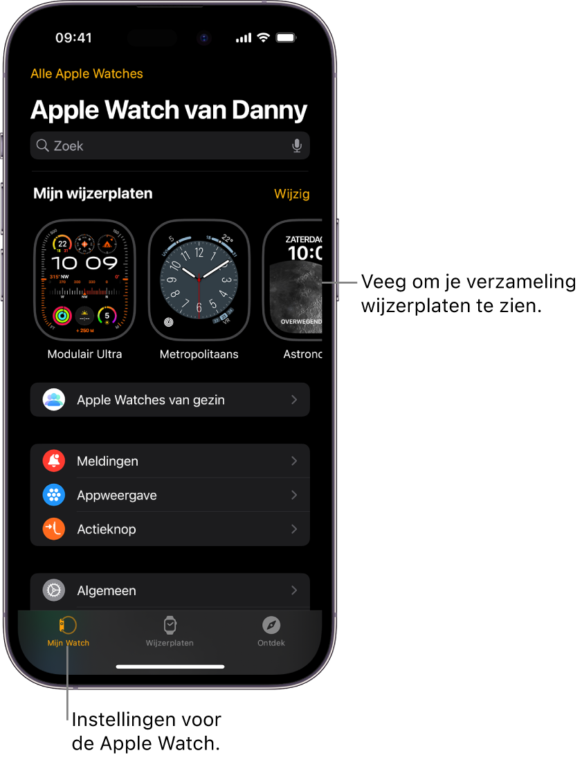 De Apple Watch-app op de iPhone waarin het scherm 'Mijn Watch' is geopend, met bovenin de wijzerplaten en onderin de instellingen. Onder in het scherm van de Apple Watch-app staan drie tabbladen: links 'Mijn Watch', waar je de Apple Watch kunt instellen; daarnaast 'Wijzerplaten', waarmee je de beschikbare wijzerplaten en complicaties kunt bekijken; en daarnaast 'Ontdek', waar je meer informatie over je Apple Watch vindt.