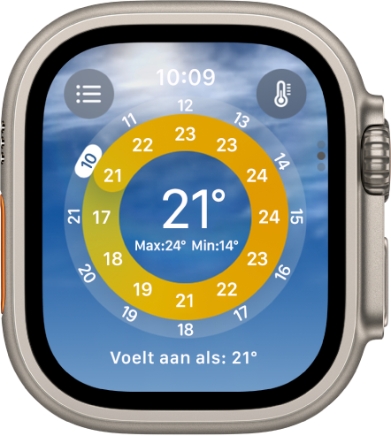 Het Weersomstandigheden-scherm in de Weer-app.