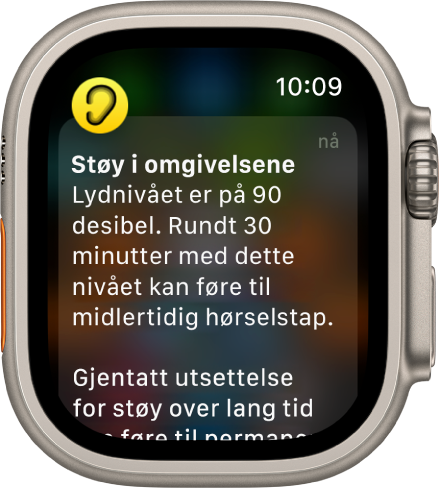 Apple Watch som viser en støyvarsling. Symbolet for appen som varslingen gjelder for, vises øverst til venstre. Du kan trykke på den for å åpne appen.