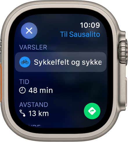 Kart-appen som viser informasjon om en sykkeltur. Farevarsler om ruten vises øverst, og tid og avstand til målet vises under der igjen. En Gå-knapp vises nederst til høyre.