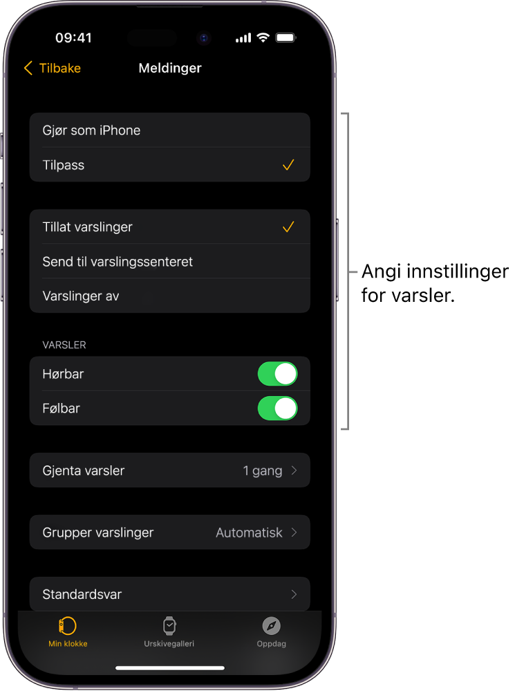 Meldinger-innstillinger i Apple Watch-appen på iPhone. Du kan velge om du vil vise varsler, slå på lyd, slå på følbar respons og gjenta varsler.