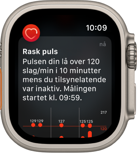 Høy puls-skjermen, som viser en varsling om at pulsen din lå over 120 slag per minutt i 10 minutter mens du virket til å være inaktiv.