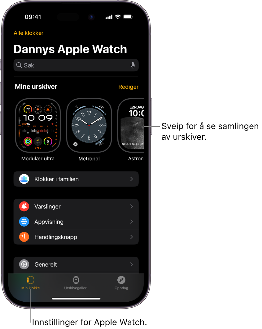 Apple Watch-appen på iPhone med Min klokke-skjermen, som viser urskivene dine på toppen og innstillinger nedenfor. Det er tre faner nederst på skjermen for Apple Watch-appen. Den venstre fanen er Min klokke, hvor du går for å finne Apple Watch-innstillinger. Den neste fanen er Urskivegalleri, hvor du kan utforske tilgjengelige urskiver og komplikasjoner. Deretter følger Oppdag, hvor du kan finne ut mer om Apple Watch.