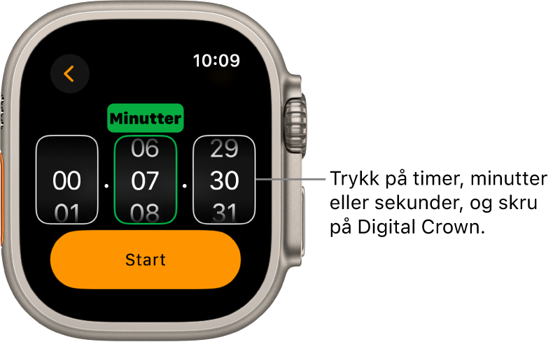 Innstillinger for en tilpasset nedtelling, med timer til venstre, minutter i midten og sekunder til høyre. Startknappen er under.