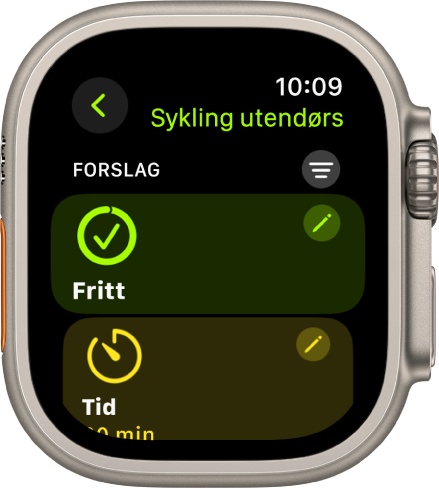 Trening-appen som viser en skjerm for å redigere en Sykling utendørs-treningsøkt. Åpne-ruten vises i midten med en Rediger-knapp øverst til høyre. Nedenfor vises en del av Tid-ruten.