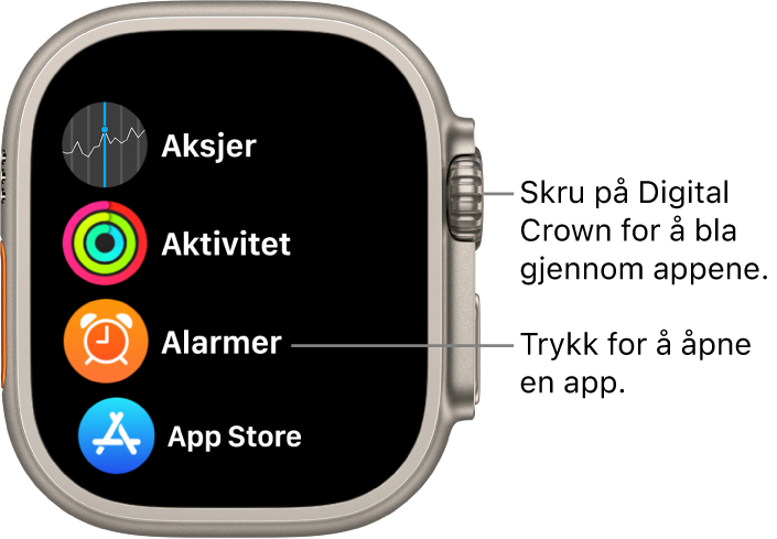 Hjem-skjermen i listevisning på Apple Watch, med apper i en liste. Trykk på en app for å åpne den. Rull for å se flere apper.