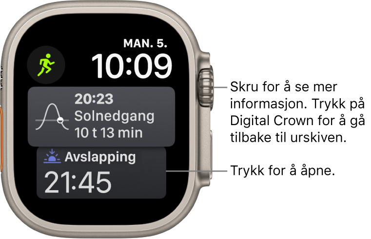 Siri-urskiven som viser dato og klokkeslett øverst til høyre. En Månefase-komplikasjon vises øverst til venstre. Under er Soloppgang/solnedgang-komplikasjonen. Nederst er Søvn-komplikasjonen.