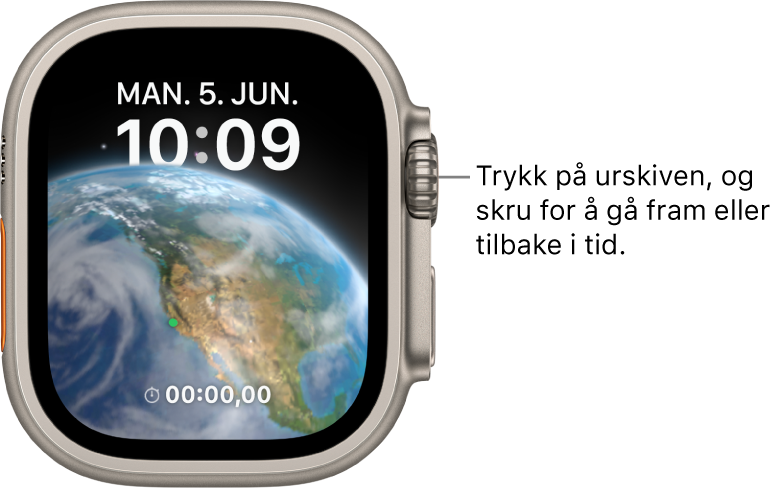 Astronomi-urskiven, som viser dag, dato og gjeldende klokkeslett. En nedtellingskomplikasjon vises nederst. Trykk på urskiven, og skru deretter på Digital Crown for å gå fram eller tilbake i tid.
