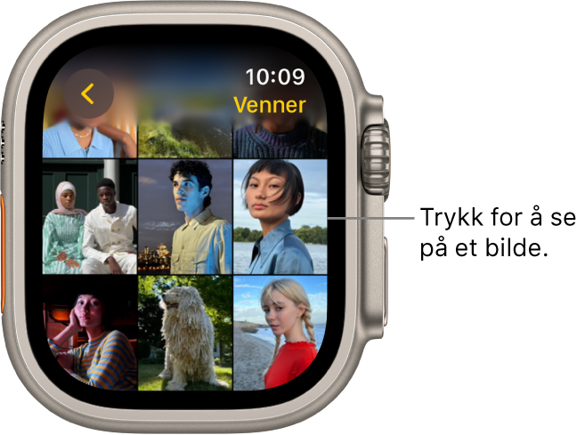 Hovedskjermen i Bilder-appen på Apple Watch, med flere bilder i et rutenett.