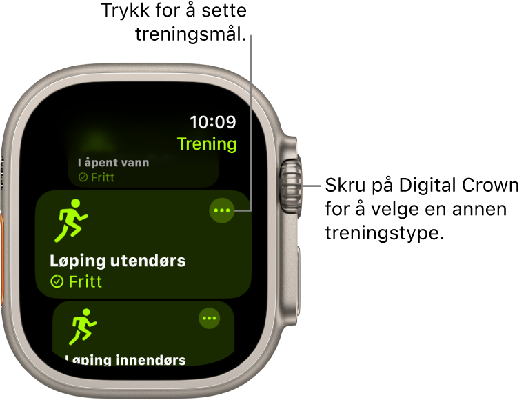 Trening-skjermen, med Løping utendørs markert. En Mer-knapp vises øverst til høyre for treningsøkt-ruten.