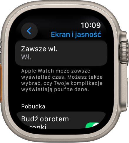 Ekran o nazwie Ekran i jasność z przyciskiem Zawsze wł.