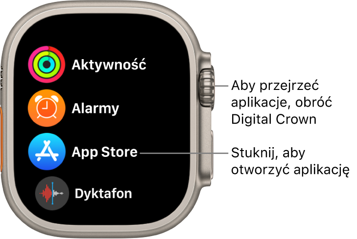 Ekran początkowy Apple Watch w widoku listy, zawierający listę aplikacji. Stuknij w daną aplikację, aby ją otworzyć. Przewiń, aby zobaczyć więcej aplikacji.