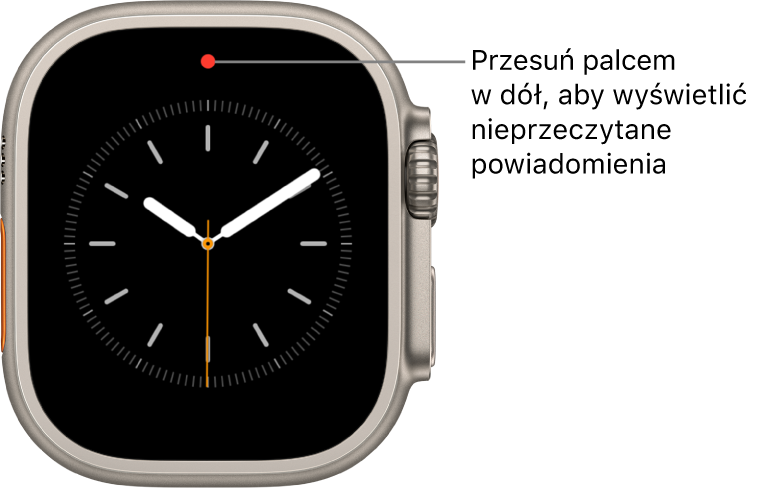 Gdy masz nieprzeczytane powiadomienie, na górze tarczy zegarka pojawia się czerwona kropka.