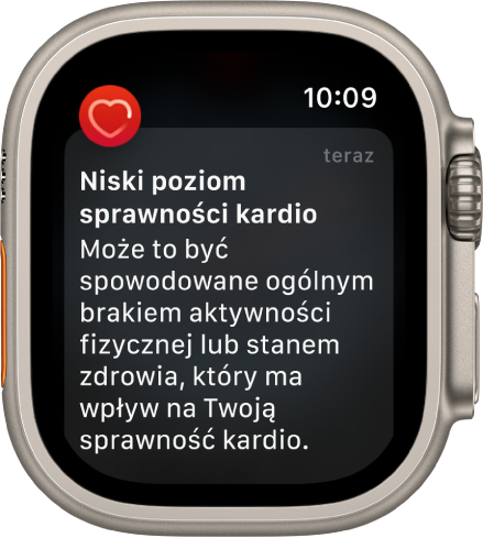 Alert dotyczący tętna, informujący o niskim poziomie sprawności kardio.